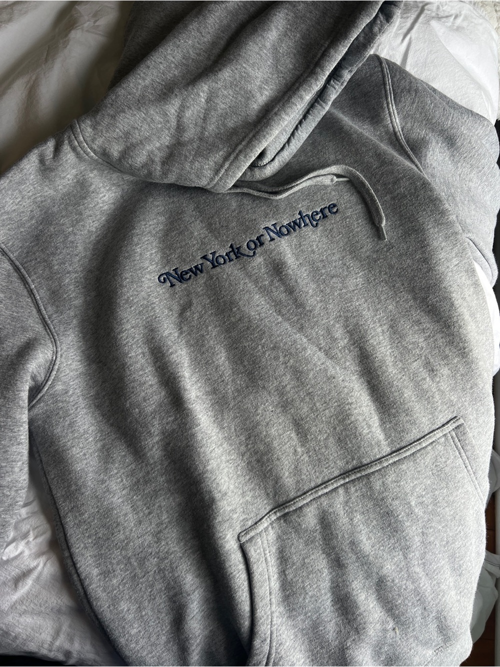 New York or Nowhere Gray Crewneck Hoodie with Navy Script Embroidery